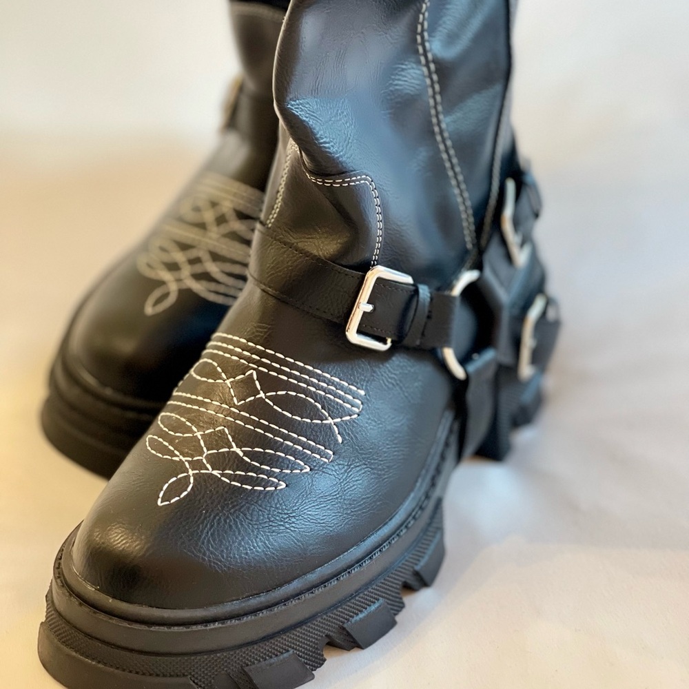 Double platform black Leather Women's Boots